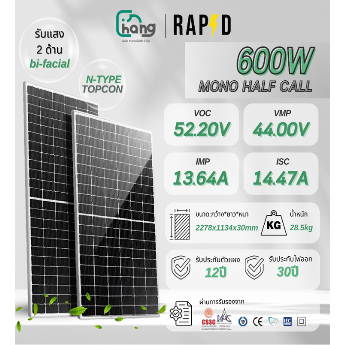 Rapd แผงโซล่าเซลล์ N-type 600W Bifacial รับแสง2ด้าน - Image 1